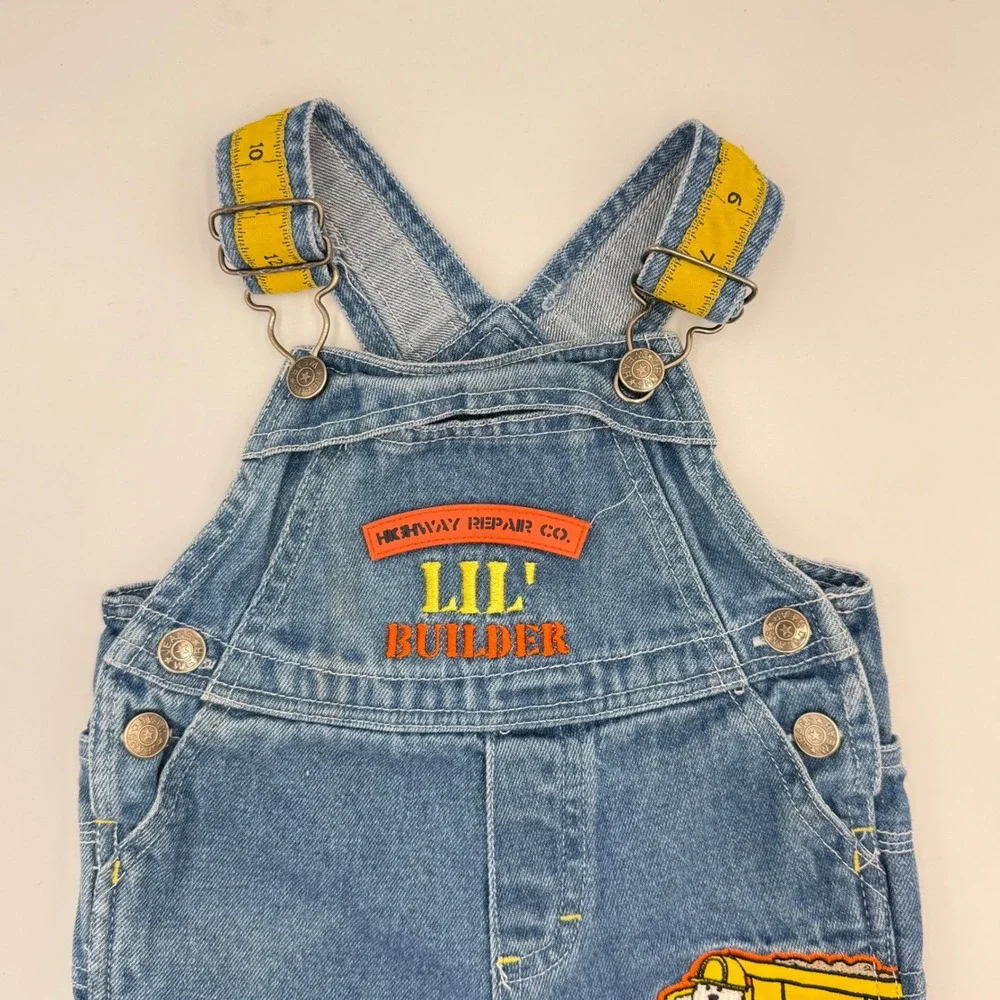 Vtg Lil' Builder Denim Overalls – Tape Measure Straps & Road Crew Patch 3-6 mo.